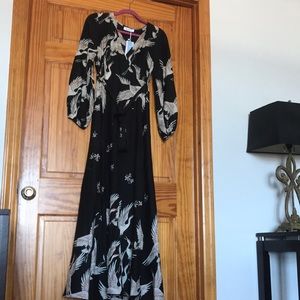 Maxi Crane Print Long Sleeve Wrap Dress